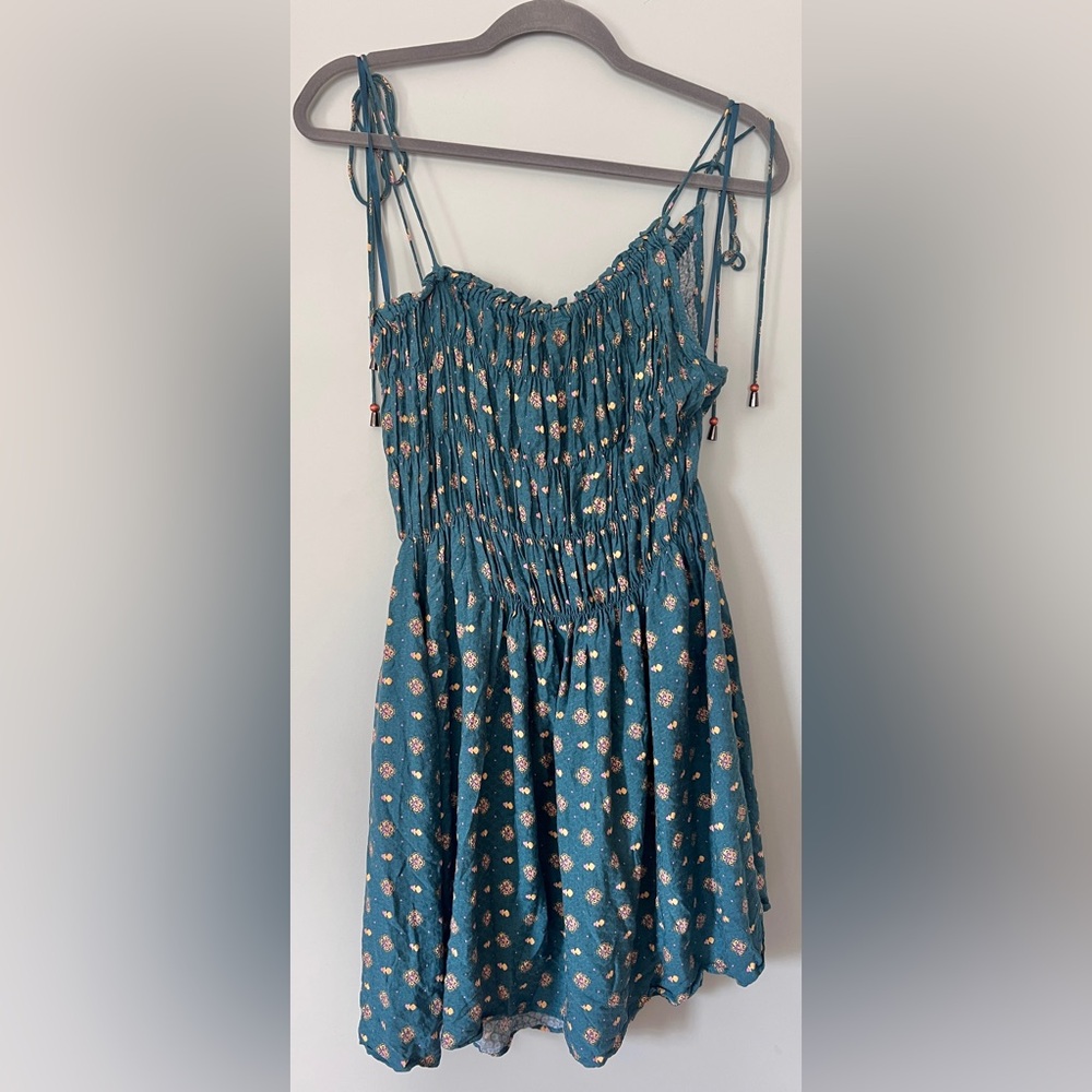 Free People Clementina Ruched Asymmetrical Floral Mini Dress Teal Size XS fits M - Picture 11 of 11